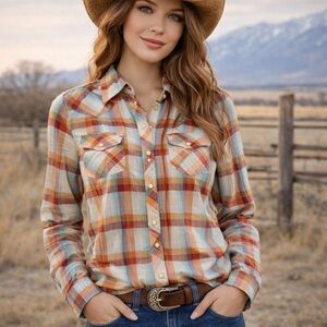 Roper Shirt Women's Medium Pearl Snaps Western Festival Plaid
